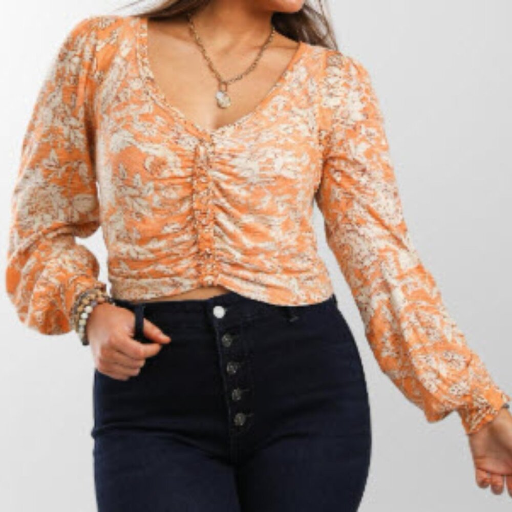 Free People Floral Ruched Orange Top